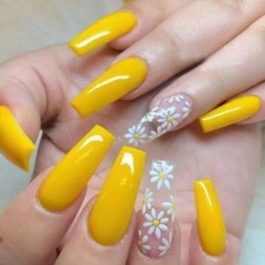 24pcs Yellow & White Flowers   Press On Nails